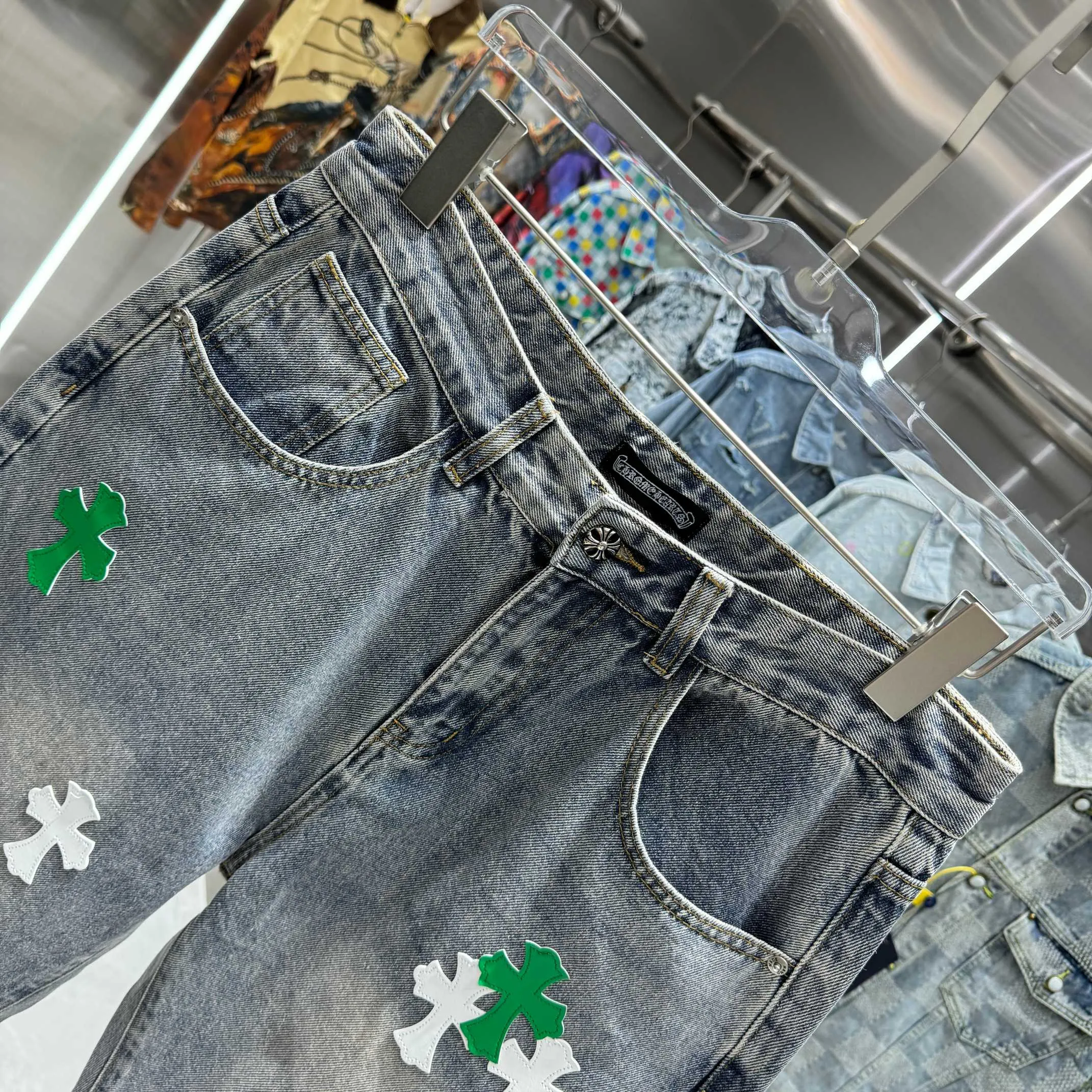 🅿️270 Crow Heart Cross logo + printed logo jeans 2025 latest product, original goods, washed casual jeans, imported original washed stretch fabric, comfortable and elastic, original hardware accessories decorated with logo, super correct version, extremely high grade, counter quality, fashionable and stylish upper body. The printing adopts imported foam printing, customized buttons, YKK zippers. The complete set of accessories is customized by molding. Color: blue Size: S-XXL 28 30 32 34 36 code